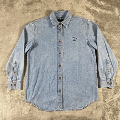 Vintage Three Rivers Denim Shirt Mens L Blue CHYC Flag Embroidered 90s
