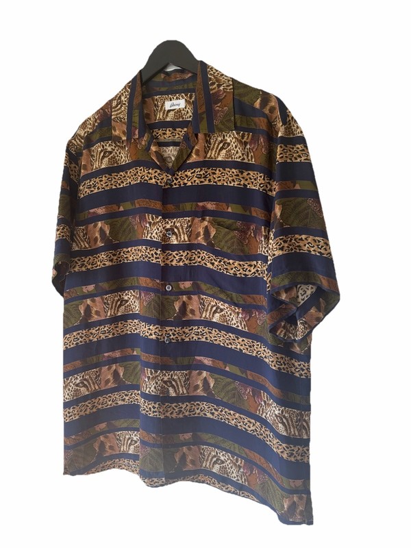 Brioni Men’s Rayon Short Sleeve Shirt Leopard Print Blue Stripes Abstract Medium