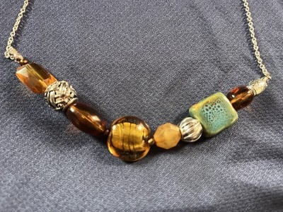 Beaded Statement Necklace Amber Glass Resin Ceramic Accent SAQ