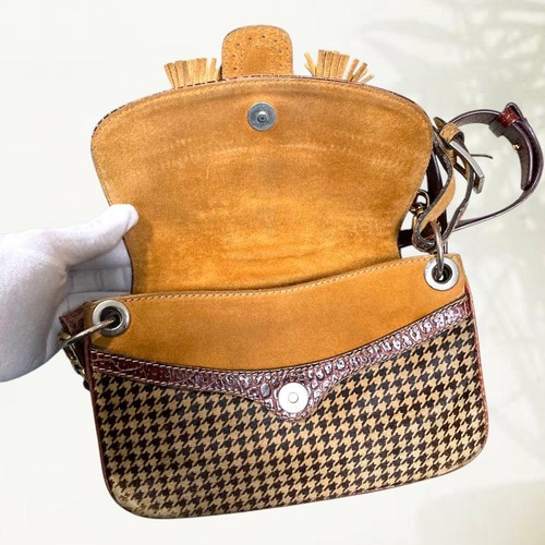 ETRO 2-way shoulder bag leather canvas brown yellow fringed ribbon Used Japan - Picture 9 of 15
