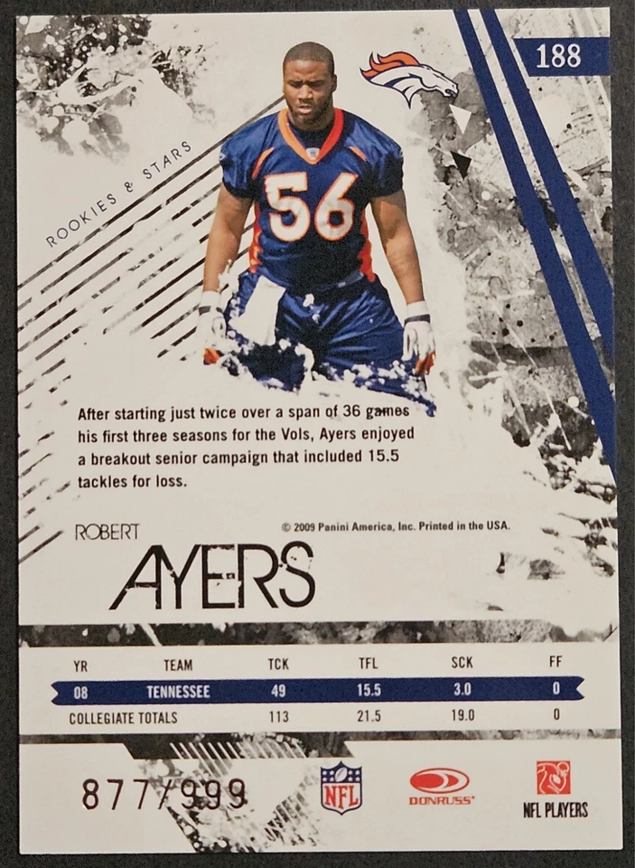 2009 Donruss Rookies & Stars #188 Robert Ayers RC SP /999 Tennessee Volunteers - Image 2 of 2