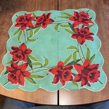 Vintage Big  Bold Handkerchief Hankie  Hand Sewn Scalloped Red Flowers Lily