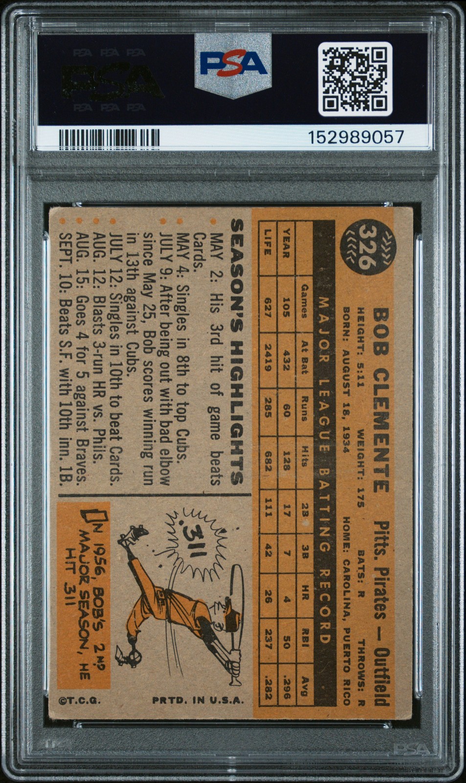 1960 Topps 326 Roberto Clemente PSA 2 152989057 view 2