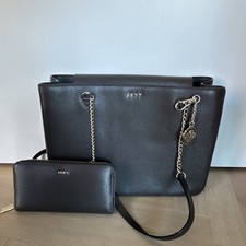 DKNY Black Saffiano Leather Large Tote Shoulder Bag w/ Chain & Zip Wallet