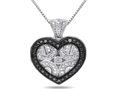 1/20 Karat (ctw) schwarzer Diamant Herz Medaillon Anhänger Sterlingsilber