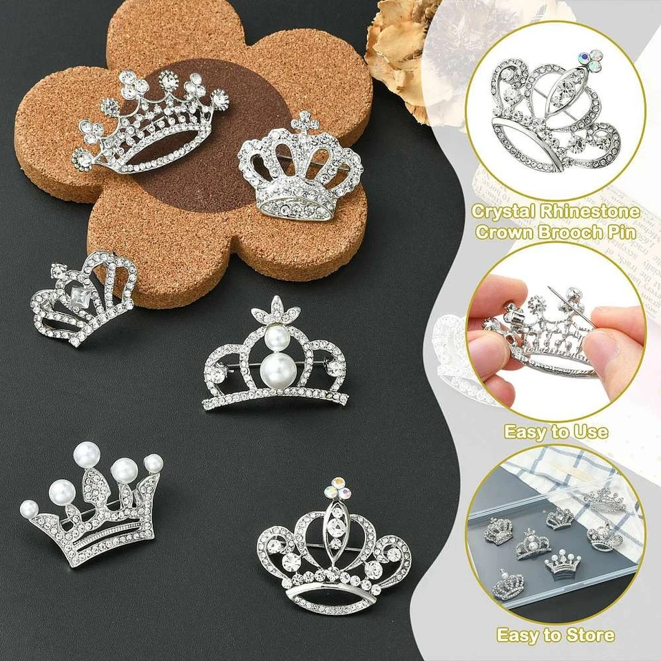 Broche broche corona diamantes de imitación de cristal 7 un. con tela de solapa con cuentas de perlas de plástico Foto 4 de 4
