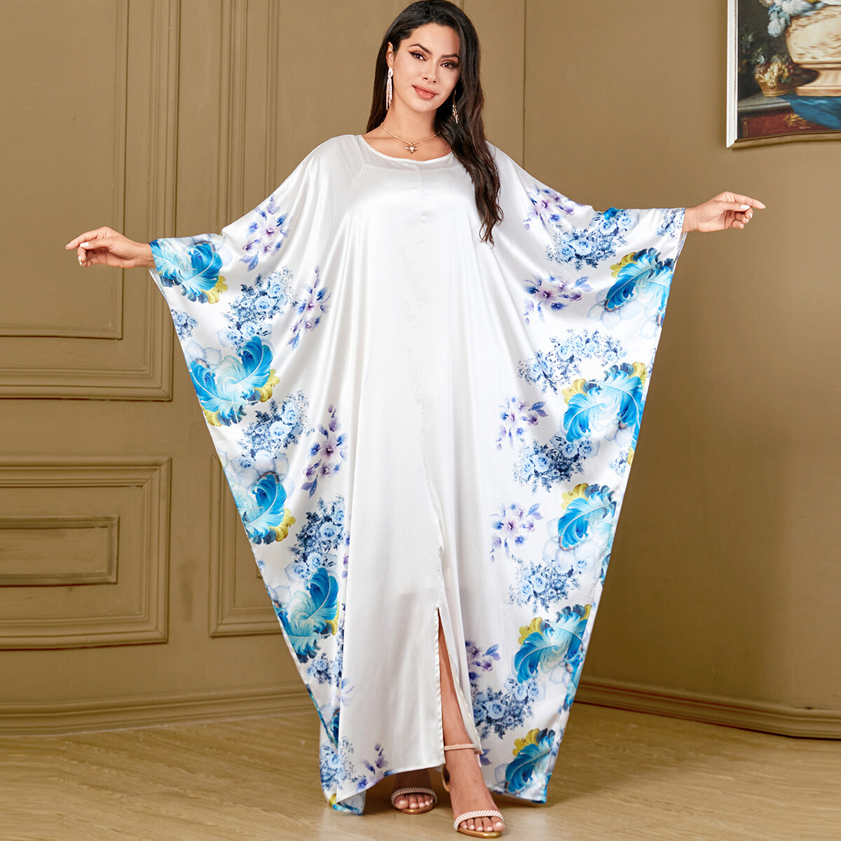 Floral Print Abaya Kaftan Muslim Women Batwing Sleeve Maxi Dress