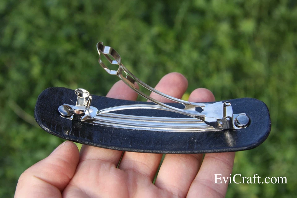 Large vegetable tanned Leather French hair barrette, black Leather Hair clip - Image 4 of 4