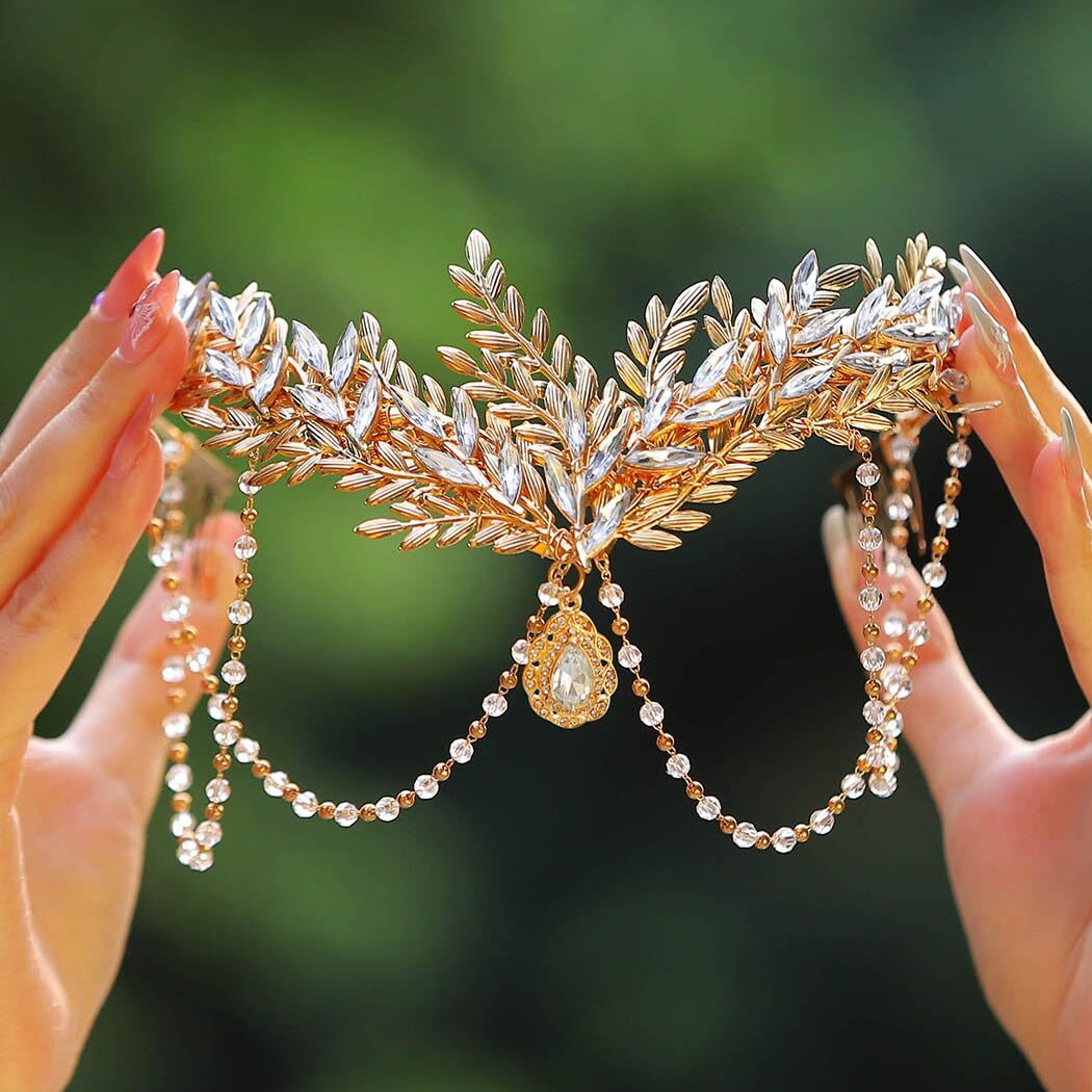 Gold Leaf Bride Wedding Headband Sparkly Crystal Bridal Hair  display picture 3