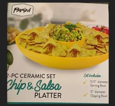 Parini 2pc Ceramic Set CHIPS and SALSA Serving PLATTER ~ New! 