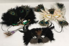 Vintage feather three eye mask lot peacock white black masquerade halloween