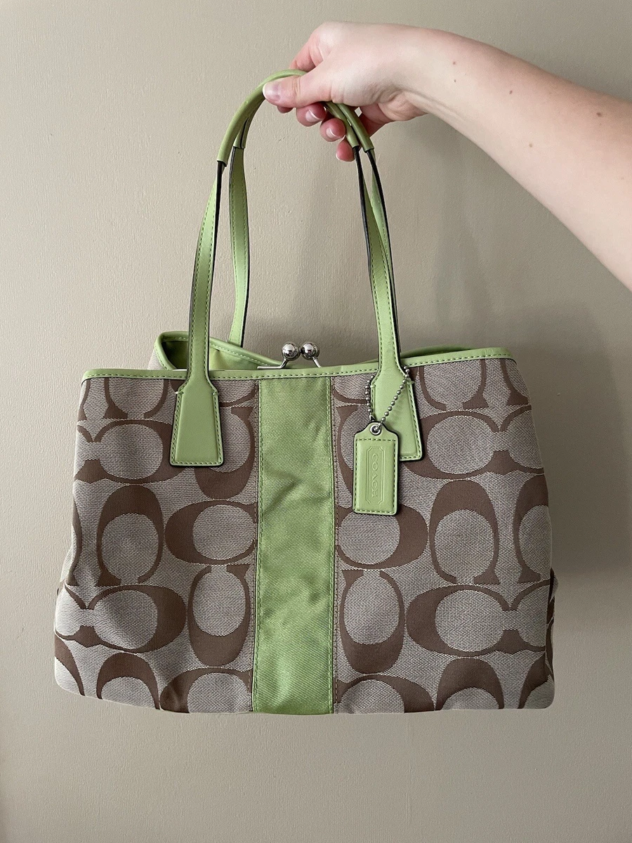 COACH Womens Purse Carryall F13533 No.j0969 Canvas w/Green Leather Shoulder  Bag