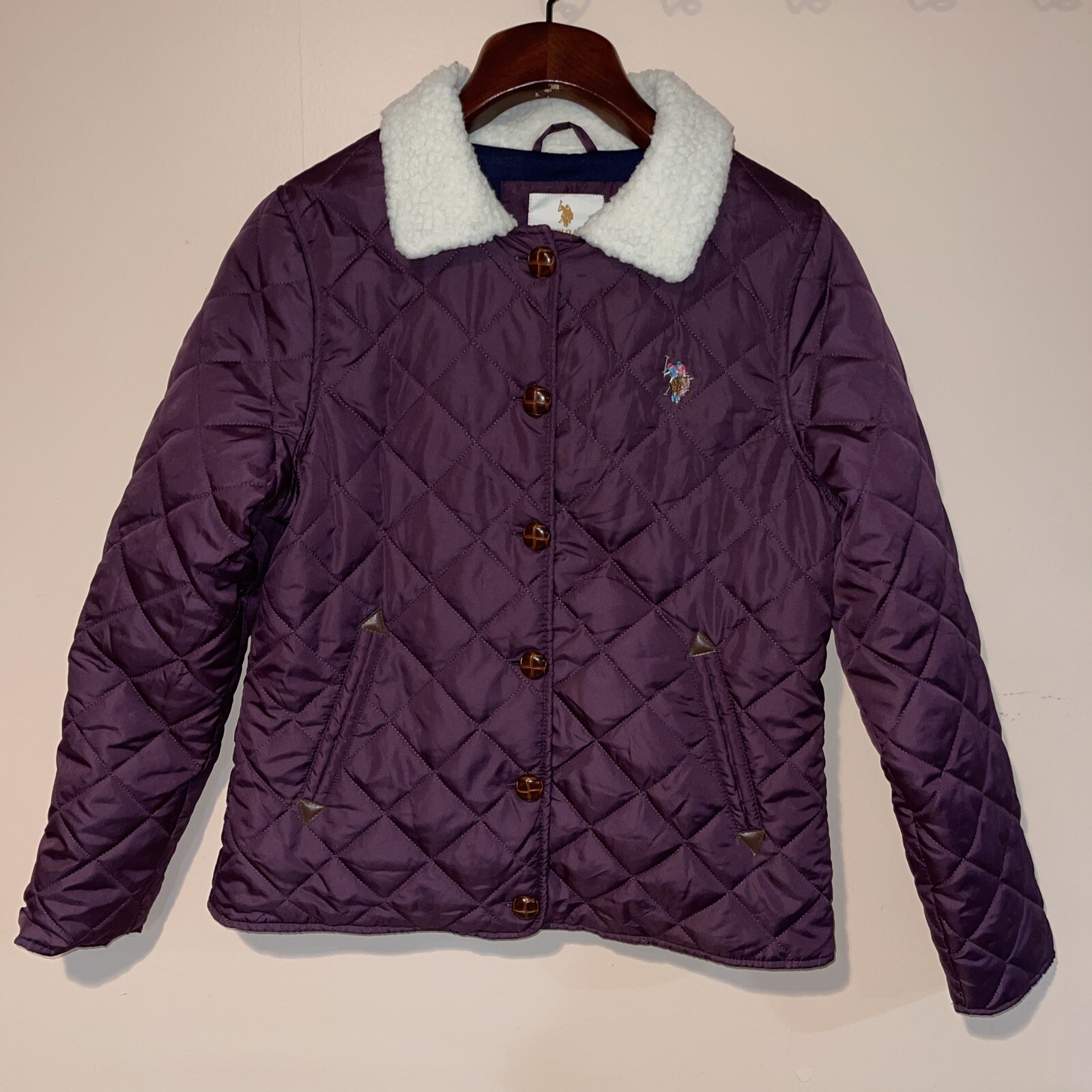 PONY US POLO ASSN giacca cappotto leggero donna grande viola con bottoni bordo pelliccia bianco