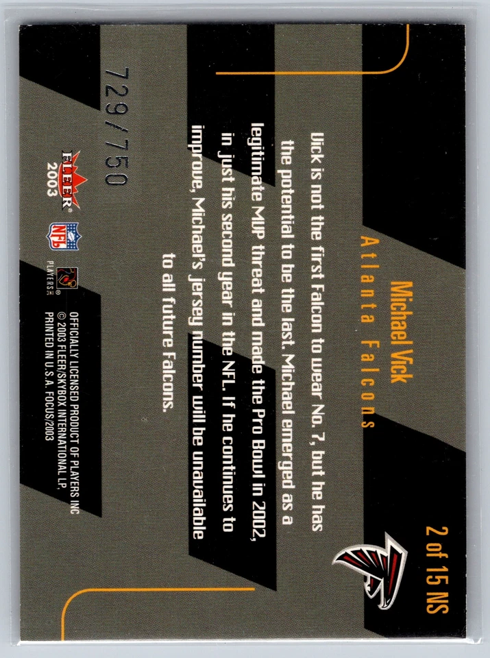 2003 Fleer Focus #2 NS Michael Vick NFL Shirtified #/750 - Image 2 of 2