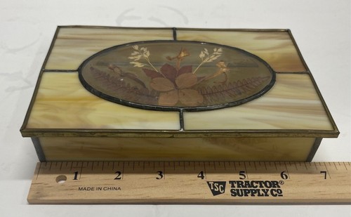 Vintage Stained Glass Pressed Flowers Trinket Box w/Hinged Top and Mirror Bottom - Picture 9 of 11
