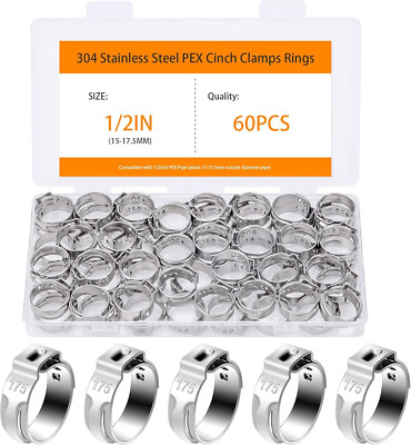1/2 PEX Crimp Ring 60 PCS, Cinch Clamps, 304 Stainless 1/2inch, Silver