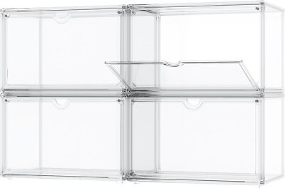 Clear Plastic Storage Bins, 4 Pack Large Acrylic Case Display Case with Clear...