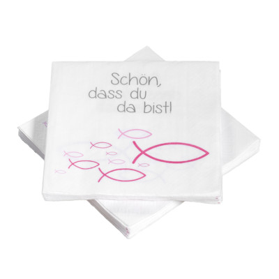 Servietten Schön, dass du da bist! Fische pink 20 Stück Kommunion Taufe Ichthys
