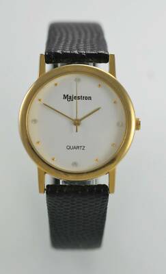 Majestron Herren Weißer Edelstahl Gold Schwarzes Leder Quarz Batterie Uhr