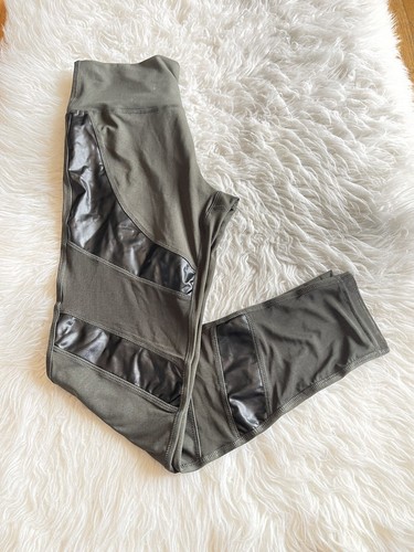 The Free Yoga Leggings Medium Olive Green Mesh Faux Leather Leggings NWT J43 - Picture 2 of 8