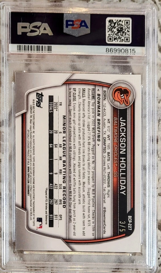 Jackson Holliday 2023 Bowman Chrome Prospects #BCP-227 ROJO #3/5, ¡Como nuevo PSA 9! Foto 2 de 2
