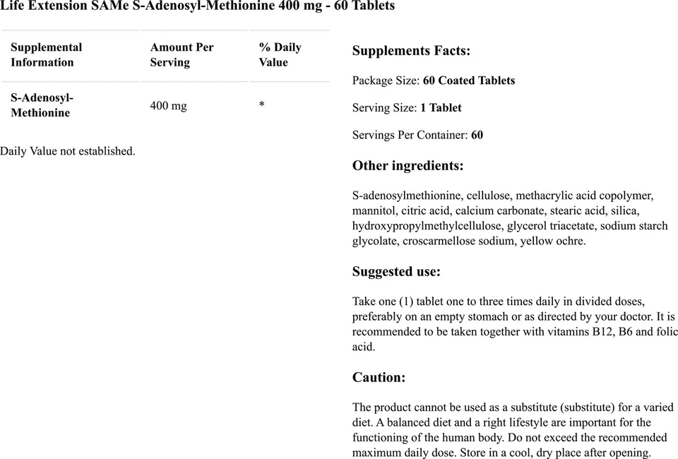 Life Extension SAMe (S-Adénosyl L-Méthionine) 400 mg, 60 comprimés - Photo 3/3
