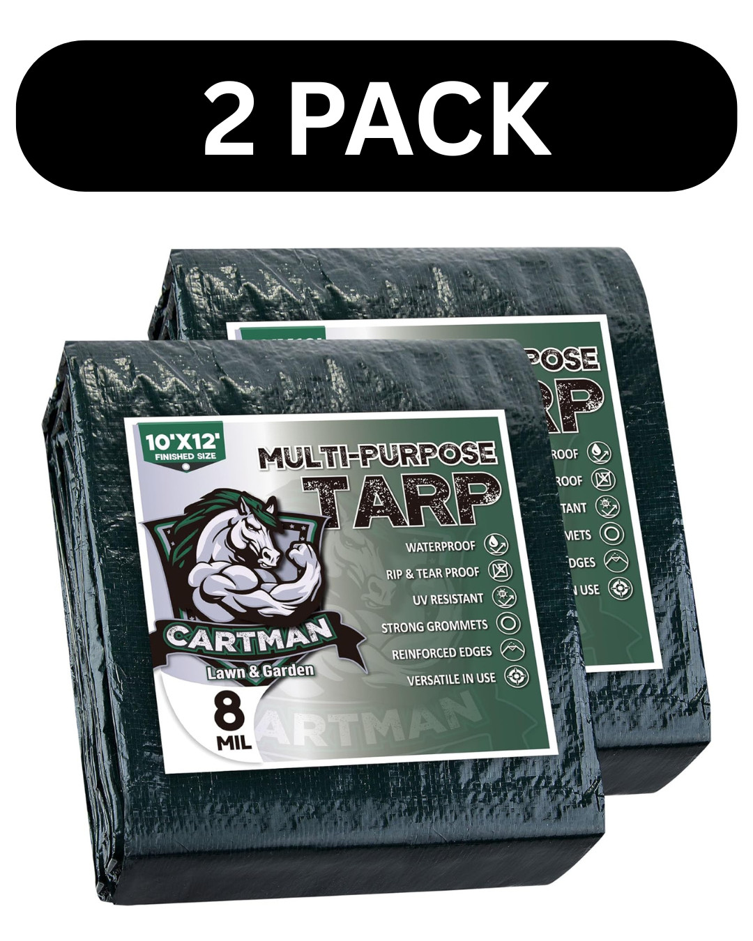 CARTMAN Finished Size 10x12 Feet Waterproof Green Poly Tarp 8 Mil Thick 2 Pack