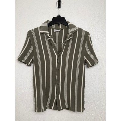 Larsson & Co Olive Green White Striped Waffle Knit Button Down Shirt XL