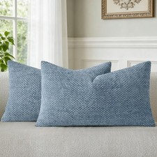 Blue Chenille Throw Pillow Covers 12x20 Inch Pack of 2 Modern Decorative Thro...