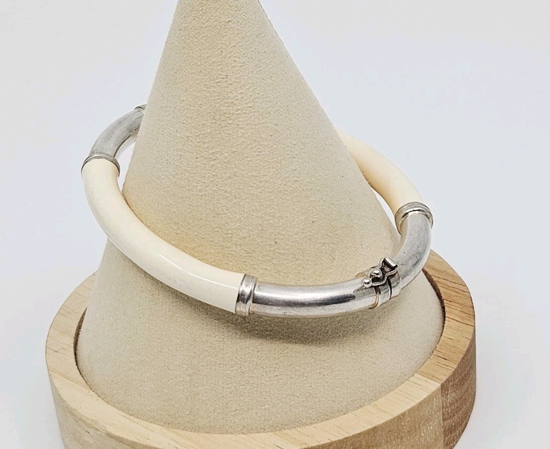 Milor Italy Sterling Silver Celluloid Hinged Bangle Bracelet 7" View 2