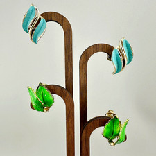 Vintage Enamel Leaf Earrings Lot Designer Signed Gold Tone Green Teal Tropical