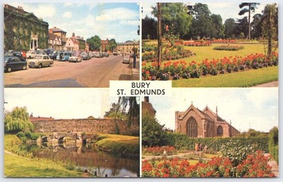 Vintage Bury St. Edmunds Multi-View Postcard Angel Hill Abbey Gardens Cathedral