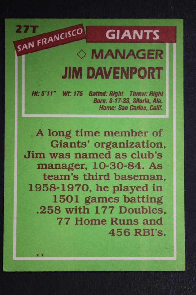 Jim Davenport Giants (d.2016) 1985 Topps #27T Autographed Signed Baseball Card - Image 2 of 3