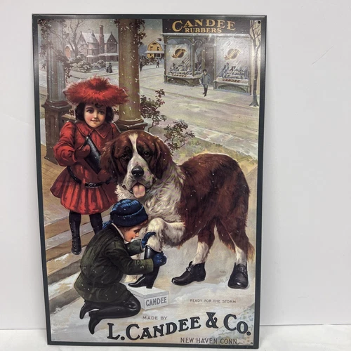 Vintage L. Candee & Co New Haven CT Rubbers Metal Sign St Bernard Dog Embossed