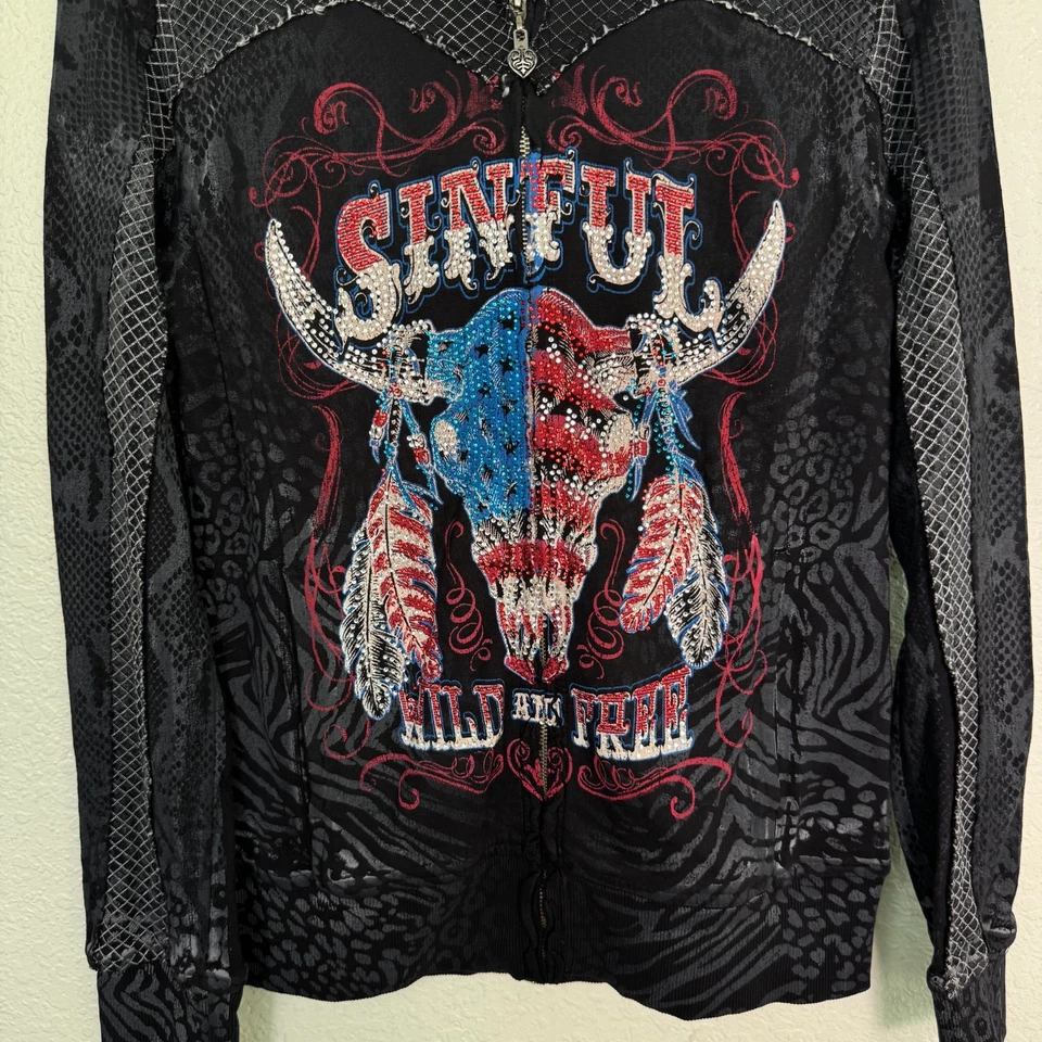 Chaqueta Sinful by Affliction Mujer Pequeña Estrás Cabeza de Toro Topeka Lluvia Y2K Foto 4 de 4