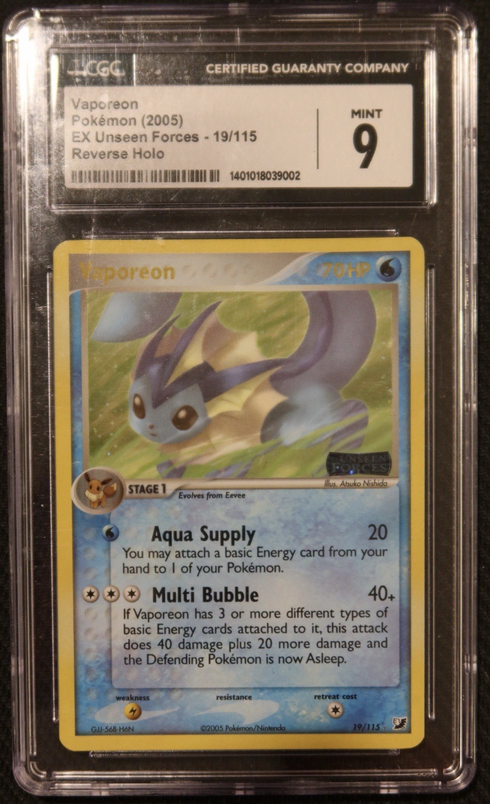 Pokemon 2005 TCG Card EX Unseen Forces Vaporeon Reverse Holo Stamped #19/115