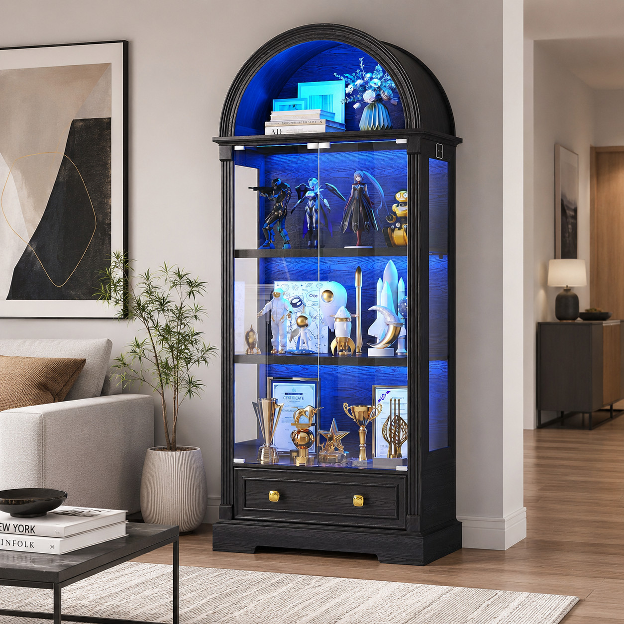 72" Tall Arched Display Cabinet with Glass Doors & LED Lights for Collectibles