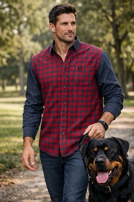 Fred Perry Buffalo Check Shirt Red Navy Contrast Sleeves Pocket Logo