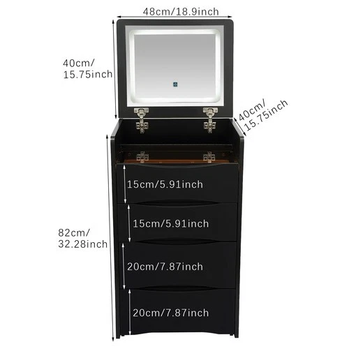 Tocador Escritorio con Espejo Iluminado Abatible, Tocador Escritorio con Taburete de Maquillaje Negro Foto 2 de 4