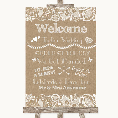 Personalisiertes Hochzeitsschild Sackleinen & Spitze Willkommen Orden des Tages
