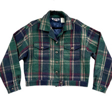 Vtg Erika Casual Tartan Plaid Cropped Wool Jacket Women L Clueless Green Flannel