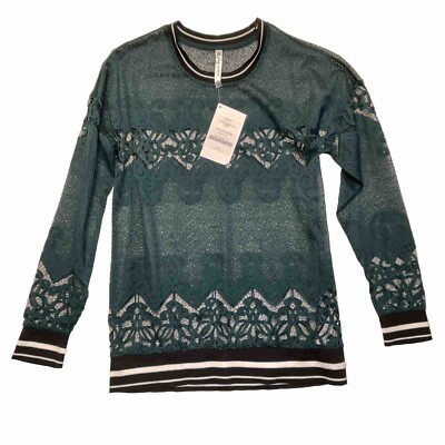 Fabletics Womens Sophie Lace Tunic Spruce Green Floral Striped Cuffs Size S NWT