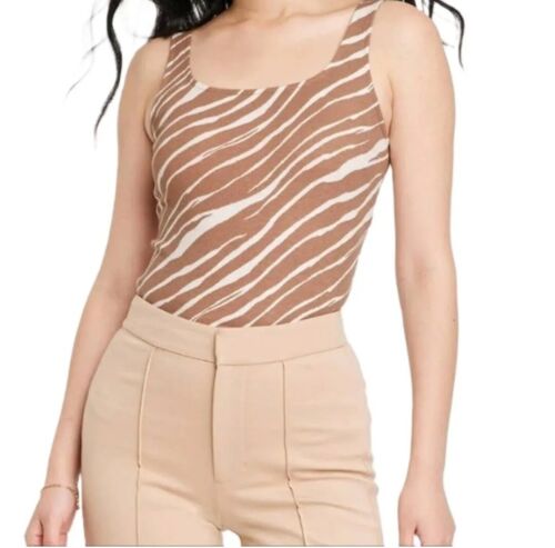 A New Day Womens Size XS Brown Zebra Animal Print Slim Fit Scoop Neck Tank Top