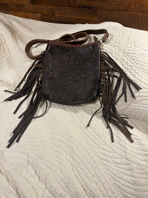 RAVIANI BROWN LEATHER Western Fringe FLORAL Embossed CROSSBODY BAG Handbag