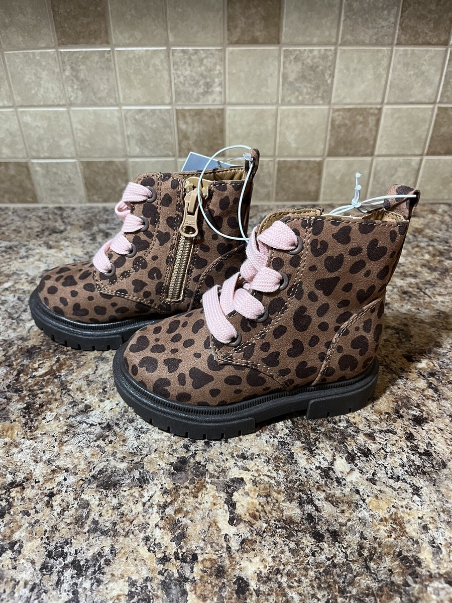 Cat And Jack Girls Size Toddler Pink Lace Cheetah Zippered Combat Boots  Shoes