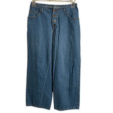 Vtg Y2K Junior Denim Wide Leg Jeans 7 Button Fly Mid Rise Five Pocket Blokette