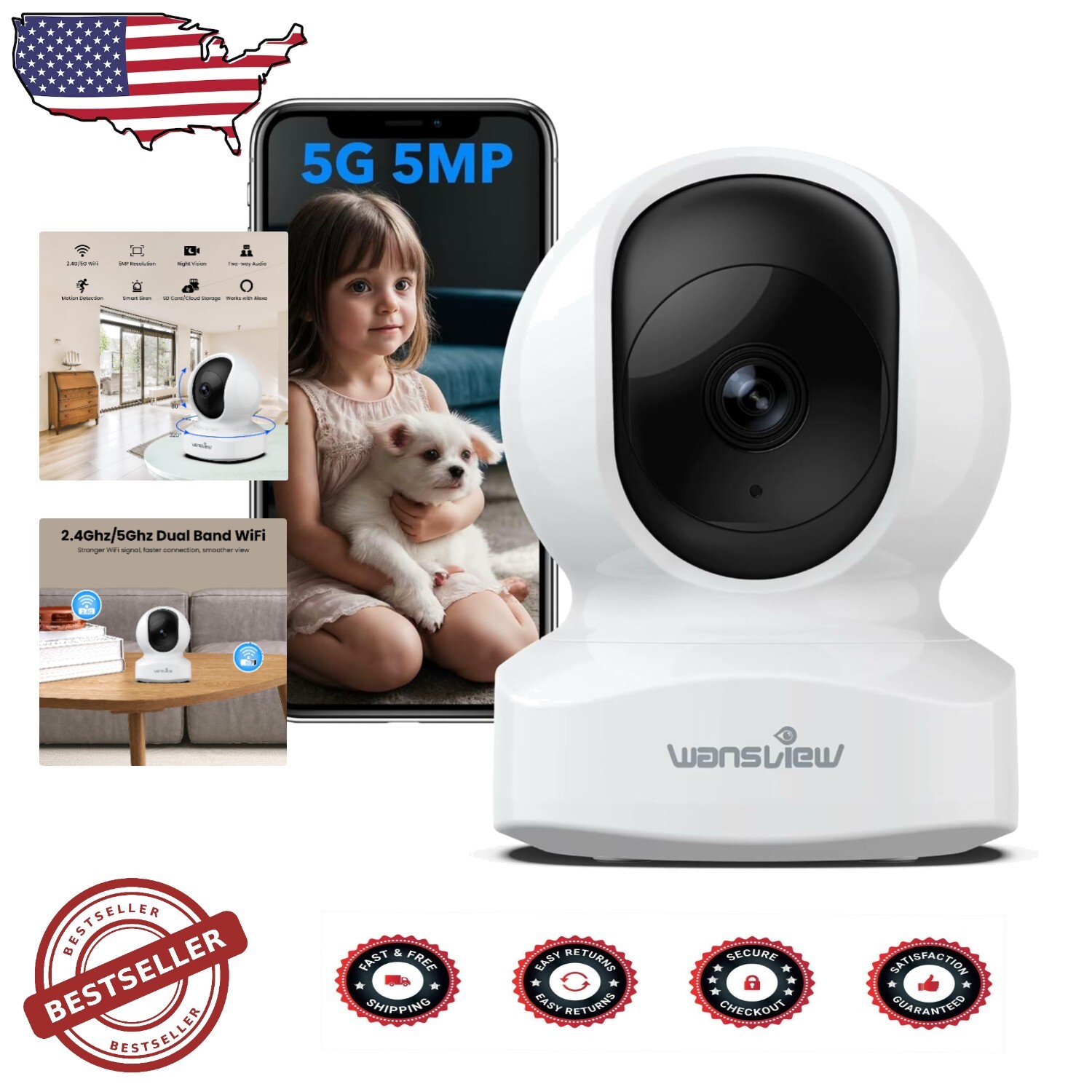 Advanced Night Vision Security Camera - 125° Wide Angle, 5MP, Cloud Storage