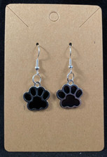 Silver  Black Paw Print Earrings - Dangle - Silver Hook - Handmade