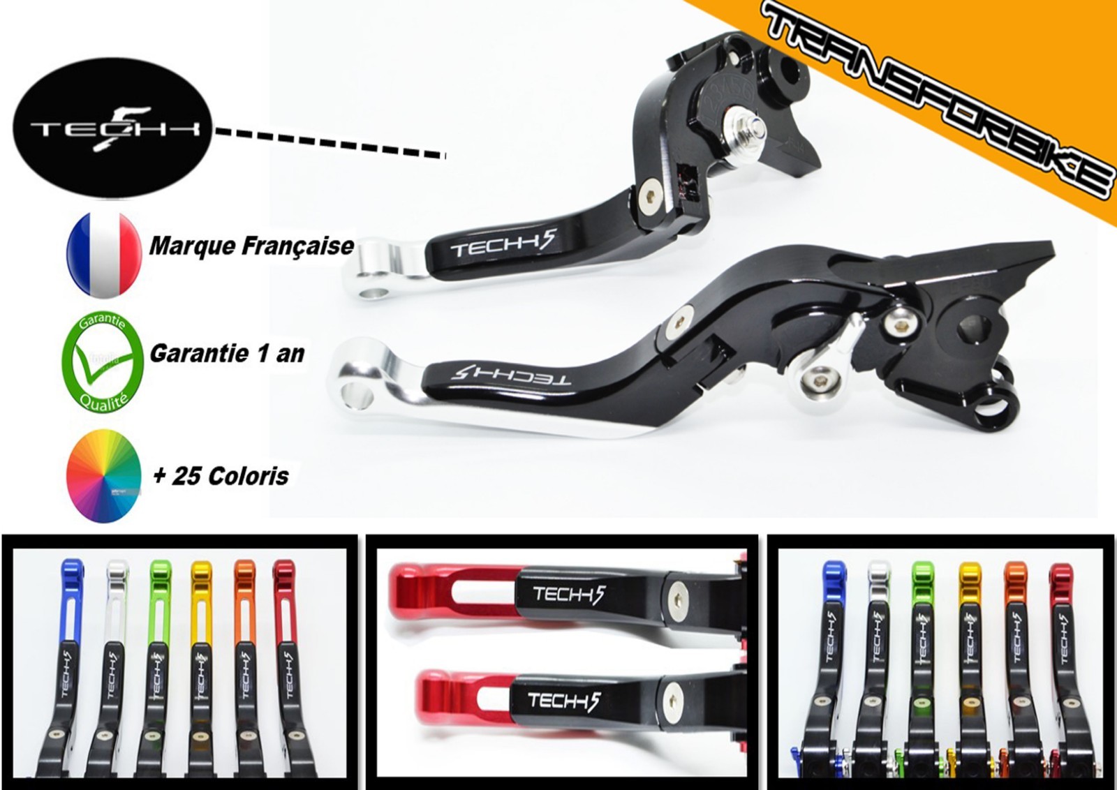 Leviers racing TechK5 Ducati noir et gris en aluminium CNC