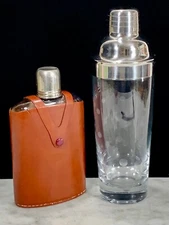 Vintage Glass Hip Flask 6 X 3.5" With Leather Case and Cocktail shaker MCM